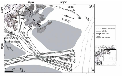 Northwestern Weddell Sea: (A) ice streaming and flow map with labeled troughs. Gray arrows indicate fast, or streaming, ice flow. Black dashed lines indicate the modern ice divide, gray areas show proposed ice domes (Lavoie et al., 2015); (B) location of outer shelf area on the AP. Bathymetric contour interval of 500 m from IBSCO (Arndt et al., 2013)