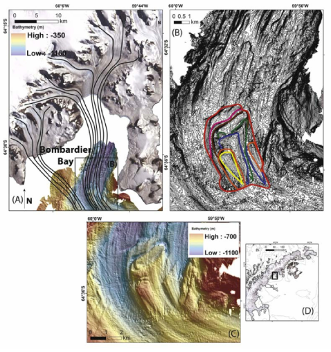 Bombardier Bay (Larsen A embayment): (A) Shaded bathymetric map, showing confluence of glacial outlet flows (black lines), background image by LIMA; (B) topographic map, contour interval 5 m, showing the successive superimposition of smaller drumlins on initial parent drumlin. Red indicates oldest generation (successively, pink, brown, green, blue, orange, yellow being the youngest); (C) Uninterpreted multibeam image of the nested drumlins, exaggeration of 5, shaded from the northeast; (D) Location of Bombardier Bay on the AP