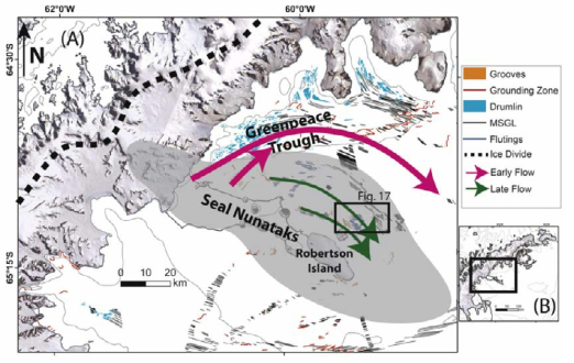 Two stages of flow are shown for the Larsen A and B embayments. (A) Early (LGM) flow patterns for Larsen A and B embayments (pink arrows) during a period in which ice covered the study area. Later flow (green arrows) shows reorientation of ice flow underneath Robertson Ice Dome. Black box denotes location of Fig. 16. Mapped flow indicators are shown, black dashed lines indicate the modern ice divide, gray areas show proposed ice domes (Lavoie et al., 2015). (B) Location of Seal Nunataks on the AP. Background images by LIMA; bathymetric contour interval of 500 m from IBSCO (Arndt et al., 2013)