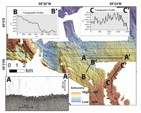CHIRP subbottom profile（A-A′) and topographic profiles (B-B′, C-C′) located on map drawn over selected surveyed areas adjacent to the Seal Nunataks. Shapes of features resolved in the profiles indicate depositional geomorphic bedforms, as seen by positive amplitudes, with no suggestive geometries of morainal features