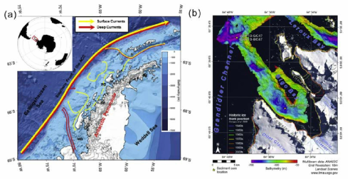(a) Regional overview map of the Antarctic Peninsula with schematic ocean circulation. Yellow arrows show surface circulation patterns and red arrows show deep cir- culation (i.e., Circumpolar Deep Current). This figure is modified from Meredith et al. (2010) and Bentley et al. (2005). ACC: Antarctic Circumpolar Current, PD: Palmer Deep, BB: Barilari Bay, and MB: Marguerite Bay. (b) Surface satellite imagery and multibeam swath bathymetry of Bigo Bay with the locations of cores WAP13-GC47, WAP13-BC47, and WAP13- GC45. (For interpretation of the references to colour in this figure legend, the reader is referred to the Web version of this article.)