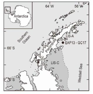 Location map of EAP13-GC17 core (65°48.16’ S, 60°39.42’ W), Larsen ice shelf embayment, Weddell Sea, Antarctica