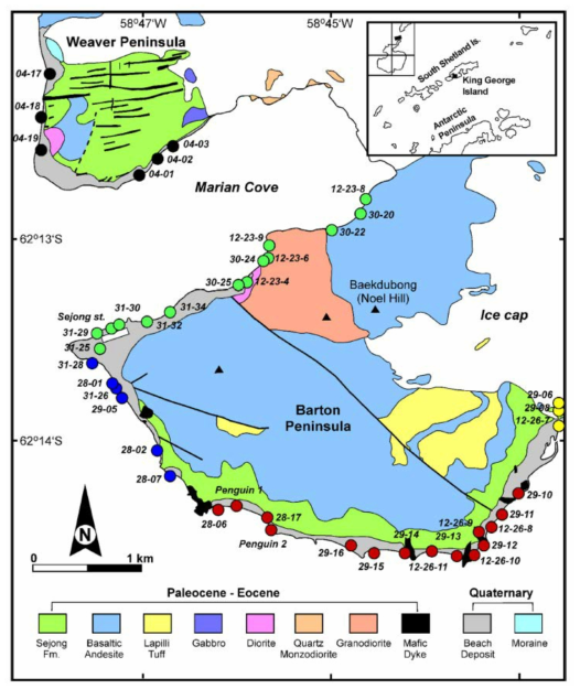 Geological map of the Barton and Weaver peninsulas, King George Island, West Antarctica. The inset shows the location of King George Island (simplified from Lee et al., 2001). Solid circles are the sampling locations (black: Weaver, green: NW Barton, blue: SW Barton, red: S Barton, yellow: SE Barton)