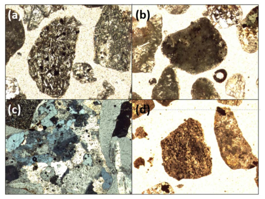 Representative of (a) volcanic rock fragment, (b) altered grains, (c) igneous rock fragment, and (d) possible altered ignimbrite fragment