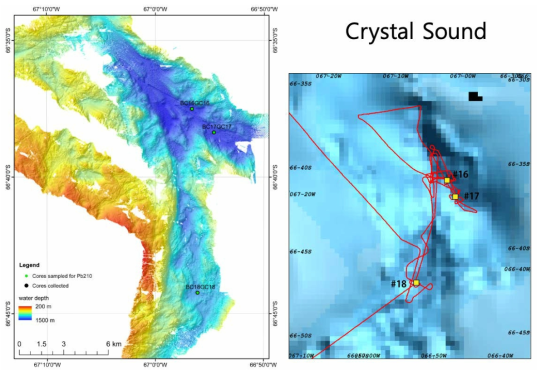 연구지역인 남극반도 크리스탈 사운드의 해저 지형과 시추 위치
