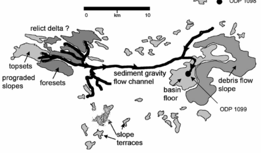남극반도 파머 딥 분지의 주요 해저 형태들(Domack et al., 2006)