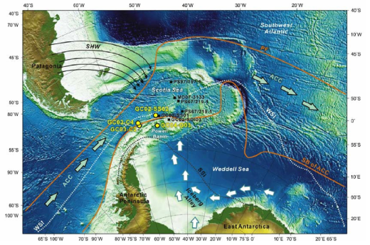Site location map with cores examined in this study and previous studies. White open arrows indicate iceberg alley of Anderson and Andrew (1999). Black arrows indicate the main wind direction of Southern Hemisphere Westerlies (SHW). Polar Front (PF) and Southern Boundary of Antarctic Circumpolar Current (SB of ACC; Orsi et al., 1995) are indicated by orange lines. The dark gray and white dashed lines are the summer (SSI) and winter (WSI) sea ice extent, respectively (Gersonde et al., 2005). ACC is shown by light green arrows. Information on core locations is listed in Table 1