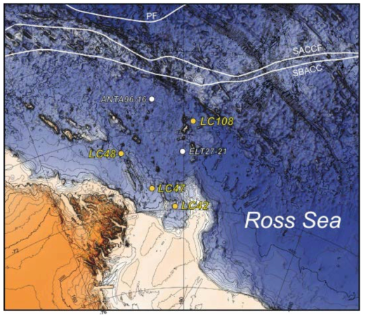 Location map showing the locations of RS15-LC42, RS15-LC47, RS15-LC48, and RS15-LC108 presented in this work and cores ANTA96–16 (Venuti and Florindo, 2004) and ELT27–21 (Jovane et al., 2008). The locations of the Polar Front (PF), Southern Antarctic Circumpolar Current Front (SACCF), and the Southern Boundary of the Antarctic Circumpolar Current (SBACC) are indicated in white (Orsi et al., 1995). Bathymetric data are from Arndt et al. (2013)