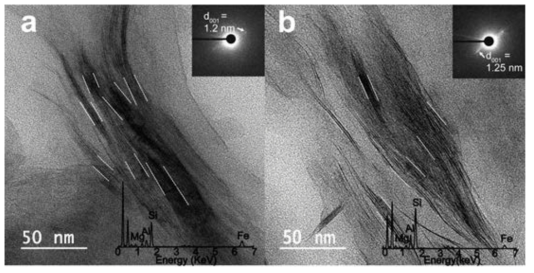 Representative TEM micrographs of lattice fringes in smectites from core GC05-DP02 from (a) a glacial MIS 10 (with an inset figure of the selected-area electron diffraction (SAED) pattern of smectite (d001 = 1.2 nm)) and (b) an interglacial MIS 9 (with an inset figure of the SAED pattern of smectite (d001 = 1.25 nm)). The elemental composition of smectite was obtained using TEM-energy dispersive X-ray spectrometer (TEM-EDS)