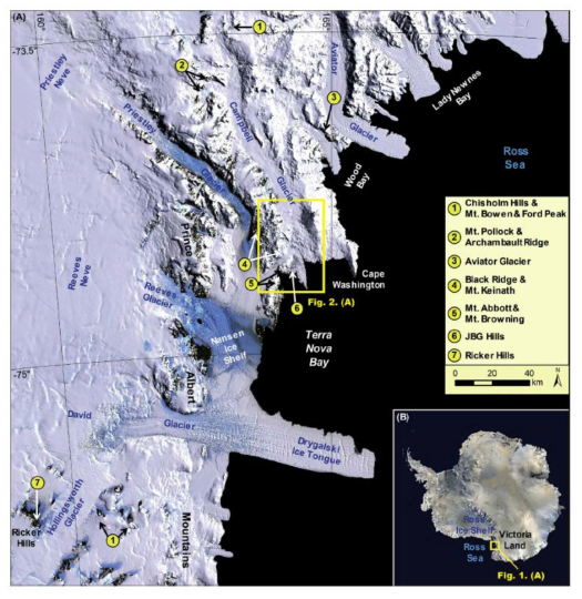(A) Landsat Image Mosaic of Antarctica (LIMA) of Terra Nova Bay, Ross Sea, showing the locations of the present and previous studies of glacier change. Oberholzer et al. (2008); Di Nicola et al. (2012); ① ② ③ Goehring et al. (2019); ④ Oberholzer et al. (2003); ⑤ Di Nicola et al. (2009); ⑥ the present study area at Jangbogo Hills on the northwestern part of Terra Nova Bay; and ⑦ Strasky et al. (2009). (B) Location of Terra Nova Bay relative to Antarctica
