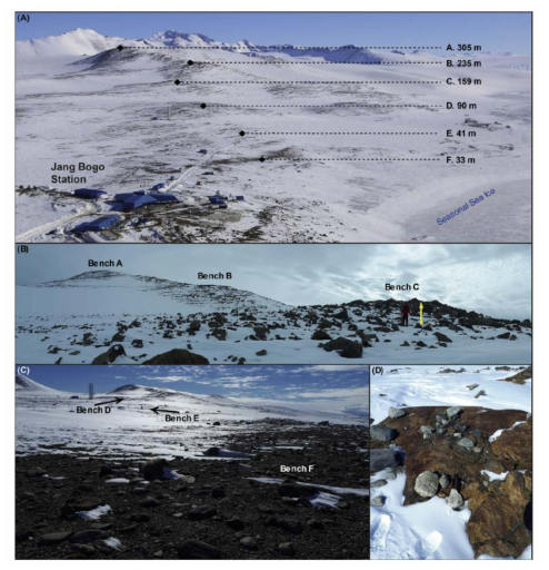Views of the study area (A) and sampling sites (BeD). (A) Oblique aerial photograph of the study area that shows the six sampled benches. (B) Upper three benches (AeC), which show convex mounds and are almost entirely covered by erratic boulders. A person (yellow arrow) is shown for scale. (C) Lower three benches (DeF), which are subtle but distinct ridges compared to the other snow-covered areas. (D) Example of a sample location on bench E. Each sample was collected from high and large boulders on the flat section of a given bench to minimize disturbance from local slope processes. Bullet-shaped cobbles, which were assumed to be transported via subglacial processes, were selected to minimize the inherited 10Be and 26Al concentrations. Cobbles with lithologies that were different from the bedrock were also sampled