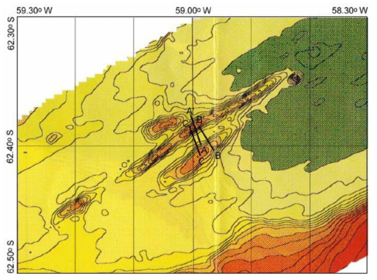 Bathymetry of the central Bransfield Basin and three CTD towing line (A′-A, B′-B and C′-C). Bathymetric contours are drawn at 50 m intervals and color changes are at every 100 m