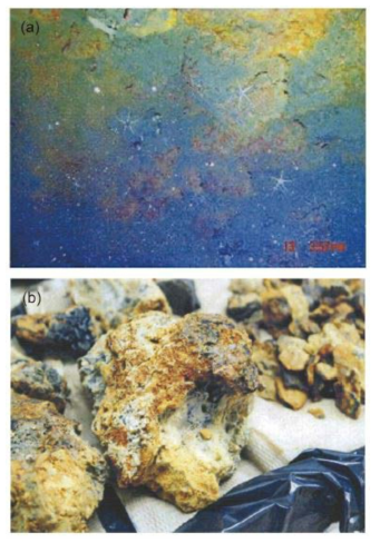 (a) a photo image showing hydrothermal sediment at the top of middle syster (~1,100 m water depth) and (b) yellowish brown microcrystalline iron oxide. (KOPRI report, 2008)