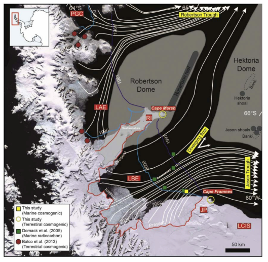 남극반도 북동부 라슨 B 지역. 코어 위치와 육상 시료 채취 지역, 마지막 최대 빙하기의 빙하 흐름과 분포를 표시하였다. 배경 이미지는 USGS Landsat Image이며 연별해안선은 SCAR 남극 디지털 데이터베이스에서 추출하였다. 과거 빙하 흐름과 빙하 돔의 위치는 Lavoie et al. (2014)의 자료에서 인용하였다. PGC=Prince Gustav Channel, JRI=James Ross Island, LAE=Larsen A embayment, RI=Robertson Island, LBE=Larsen B embayment, JP=Jason Peninsula, LCIS=Larsen C Ice Shelf