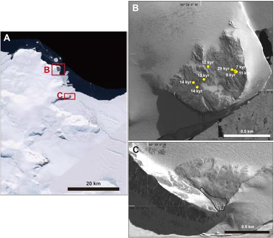 A: 제이슨 반도의 끝과 라슨B 빙붕과 라슨C 빙붕의 경계. In situ 10Be and 14C 측정을 위한 시료를 채취한 노두와 빙퇴석이 보인다. B: 프람 곶의 시료채취 장소 (노란 동그라미). 빙하조선과 호수, 말라버린 호수와 같은 지형이 관찰된다. C: 역사시기 혹은 최근의 빙하 전진 동안에 형성된 것 같은 빙퇴석이 관찰된다
