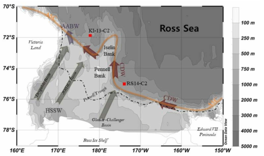 로스 해 대륙붕의 지형도. 중력코어 KI-13-GC2 (71°52’ S, 177°48’ E, depth 1800 m)는 로스 해 서쪽 대륙주변부의 중앙분지의 정점 KI-13-C2에서 획득되었다. 지도의 점선은 LGM 시기 빙상이 진출한 한계선을 나타낸다 (Shipp et al., 1999). 하 등 (2018)의 연구에서 사용한 중력코어 RS14-C2는 로스 해 동쪽 대륙주변부의 대륙사면에서 획득되었다. (AABW: Antarctic Bottom Water, CDW: Circumpolar Deep Wate, HSSW: High Salinity Shelf Water)