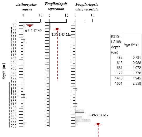RS15-LC108에서 시대 지시종을 이용한 퇴적시기 및 14C 절대연령 값의 비교
