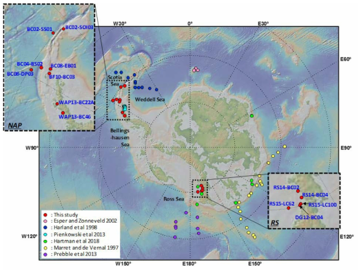 남극반도 북부(NAP) - 로스해(RS) 해역의 해양 표층퇴적물 시료 채취 정점 및 기존 수행된 와편모조류 시스트 연구해역
