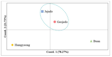 남방노랑나비 4개 집단의 주성분 분석(PCoA)