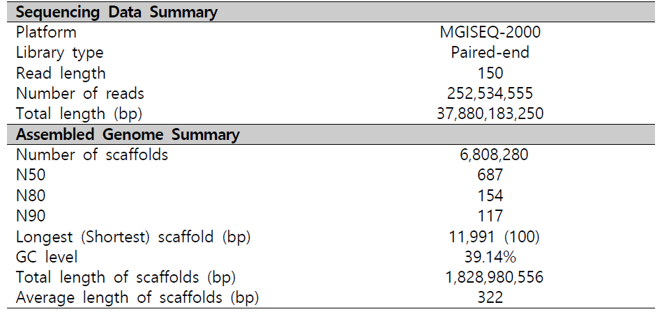 산여치 genome의 de novo assemly 결과