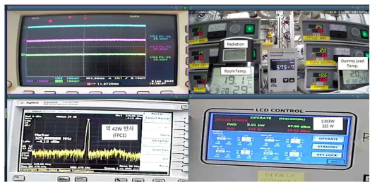 5kW 도달에 대해 시계방향으로 오실로스코프와 온도계, 스펙트럼 어날라이저, SSPA 디스플레이