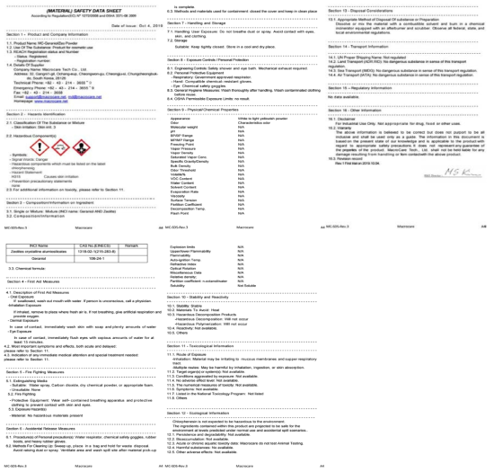 MC-Geraniol/Zeo Powder의 MSDS