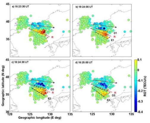 2017년 11월 28일 화성-15호 발사로 생성된 전리권 TEC 교란. 국내 GNSS 기준국의 관측 자료를 이용해서 시간에 따른 전리권의 총전자량 변화(Total Electron Contents)를 계산