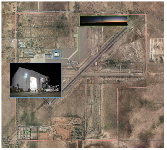 발사 장소 Fort Sumner, NM. 파란박스가 조립동 건물이며, 초록선은 발사위치를 나타냄