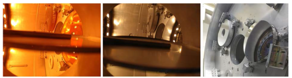 1.8m 부경(각각의 사진속 오른쪽)과 소백산천문대 61cm 주경(각각의 사진 속 왼쪽) 증착. 왼쪽부터 필라멘트 가열을 시작하여 아직 거울에 알루미늄이 붙기 전의 모습，알루미늄이 증착된 모습，챔버를 열어서 결과를 확인하는 모습