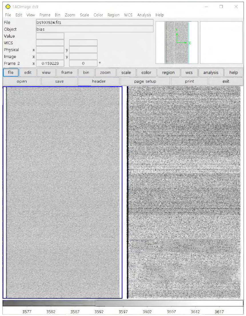 정상 Bias image pattern(좌)과 Bias image noise pattern(우)
