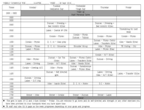 TR Coordinator의 Hostel Guest 4인의 스케쥴이 표시된 주간 시간표