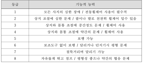 뇌성마비 CPISRA의 기능적 분류체계 요약