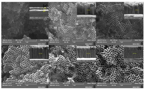 SEM images of TiO2 nanotube formed at different voltage for 15 h in ethylene glycol + 0.2 wt% NH4F + 2 vol% H2O, (a) 30 V (b) 40 V (C) 50 V (d) 60 V (e) 70 V (f) 80 V
