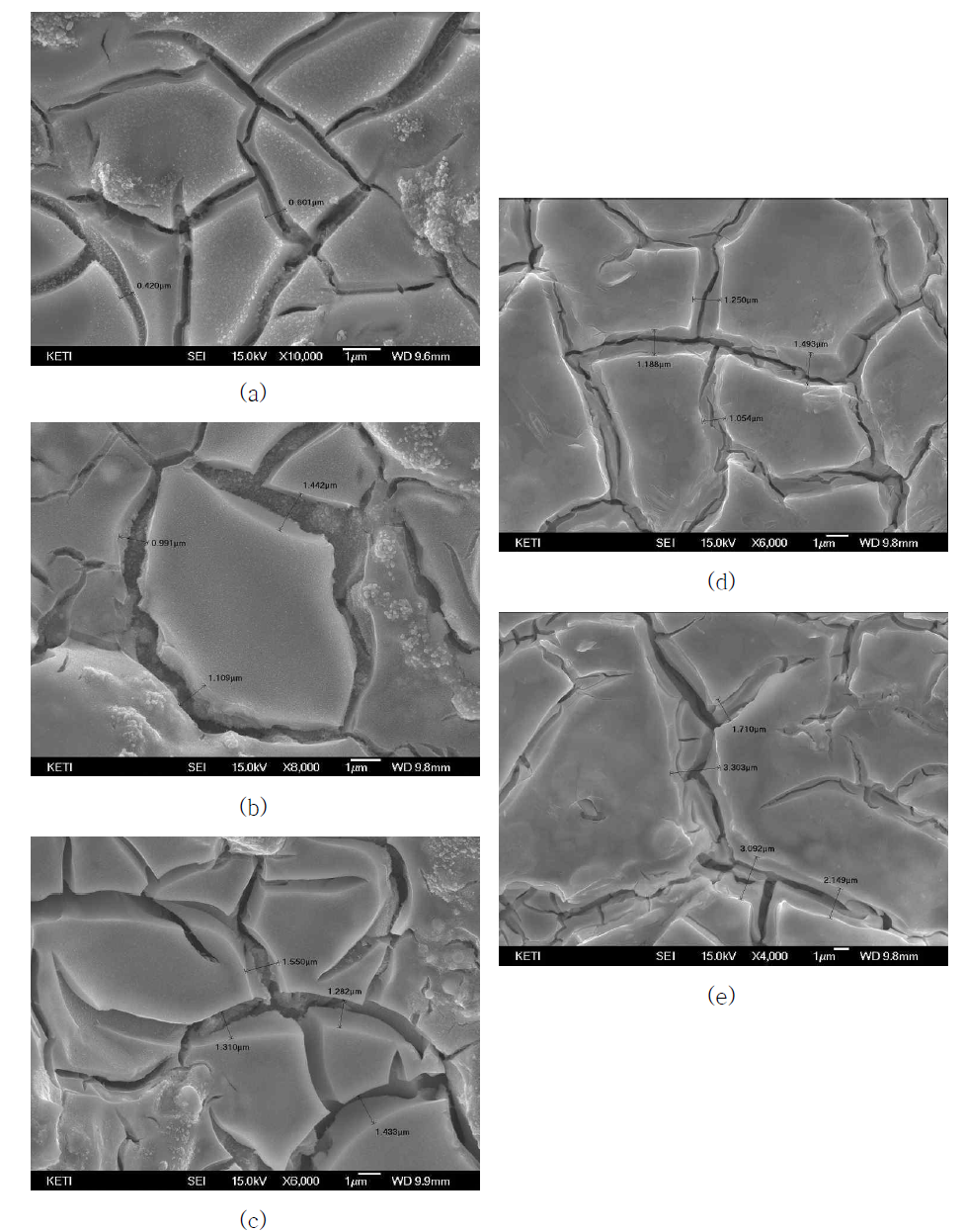 SEM of RuO2 + Ta2O5 ; (a) 20% RuO2 + 80% Ta2O5/Ti (b) 40% RuO2 + 60% Ta2O5/Ti (c) 60% RuO2 + 40% Ta2O5/Ti (d) 70% RuO2 + 30% Ta2O5/Ti and (e) RuO2/Ti