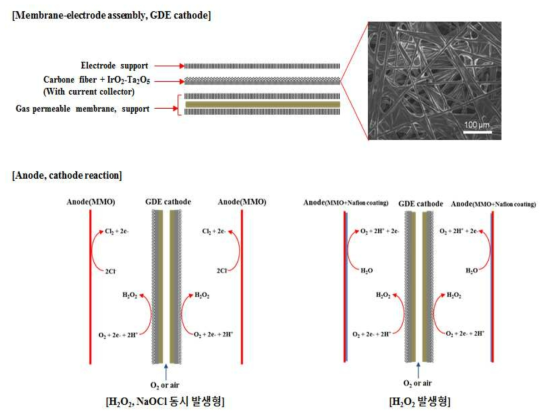 GDE(음극), 기능성 양극 개발 개념도 및 전기분해 반응