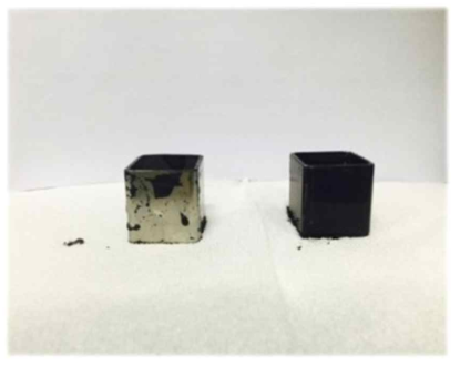 5cmx5cmx5cm 금속 촉매 모듈 젖음성 비교 실험 (좌) Bare SUS, (우) Etched SUS