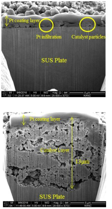 코팅 후 Bare SUS plate(위)와 Etched SUS plate(아래)의 FIB-SEM 분석 사진
