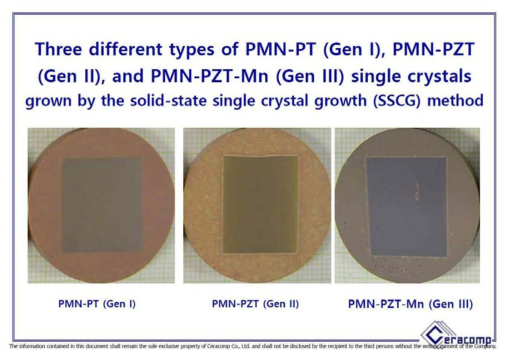 제조된 세 종류의 압전 단결정들: (PMN-PT (제1 세대), PMN-PZT (제2 세대)와 PMN-PZT-Mn (제3 세대))