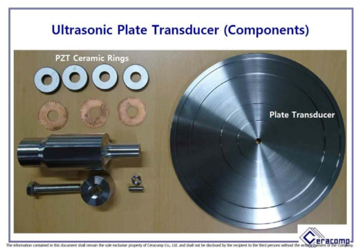 본 과제에서 개발된 Plate Transducer: ATILA Simulation을 통한 구조 설계 후 도면 완성; 가공된 각종 구성품들