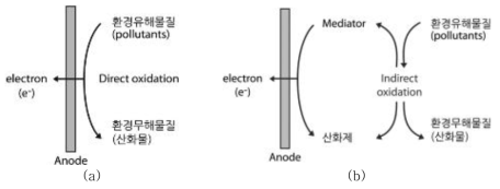 오염물질의 전기분해 반응: (a)직접산화, (b)간접산화