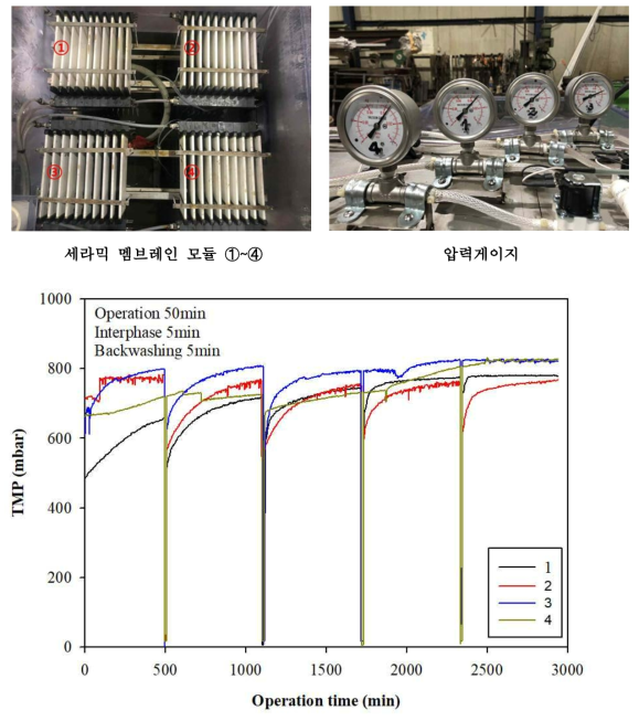 화학적 세정에 따른 세라믹 멤브레인 모듈의 압력변화 (1 cycle; 60 min)