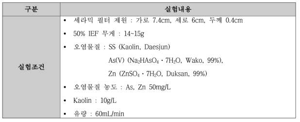 IEF+세라믹 필터를 이용한 pH에 따른 중금속(As, Zn) 및 SS 제거 실험조건