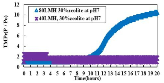 제올라이트 유동입자의 투과플럭스에 따른 막간차압 변화관찰 (충진율: 30 %, 적용폐수 pH: 7)
