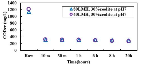 제올라이트 유동입자의 투과플럭스에 따른 COD 제거효율 변화관찰 (충진율: 30 %, 적용폐수 pH: 7)