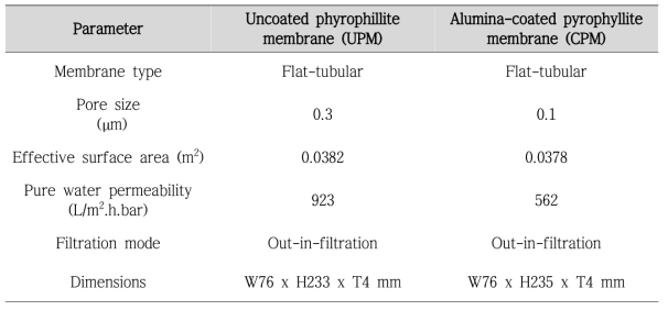 실험에 사용된 Pyrophyllite Ceramic Membrane 특성