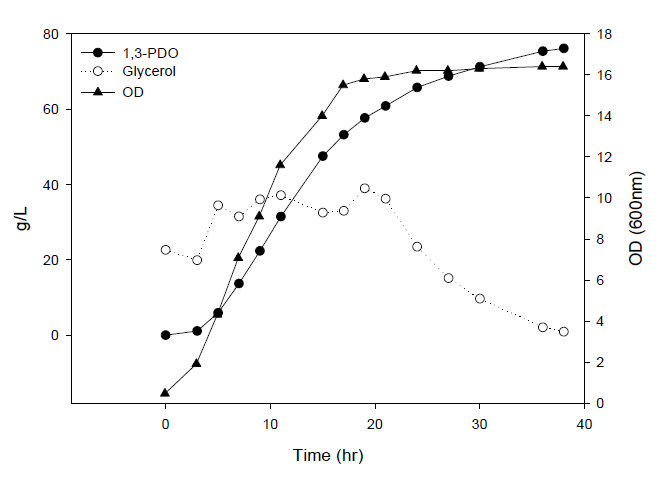 640g의 glycerol 피딩시 1,3-PDO 발효 결과(5L 발효기)