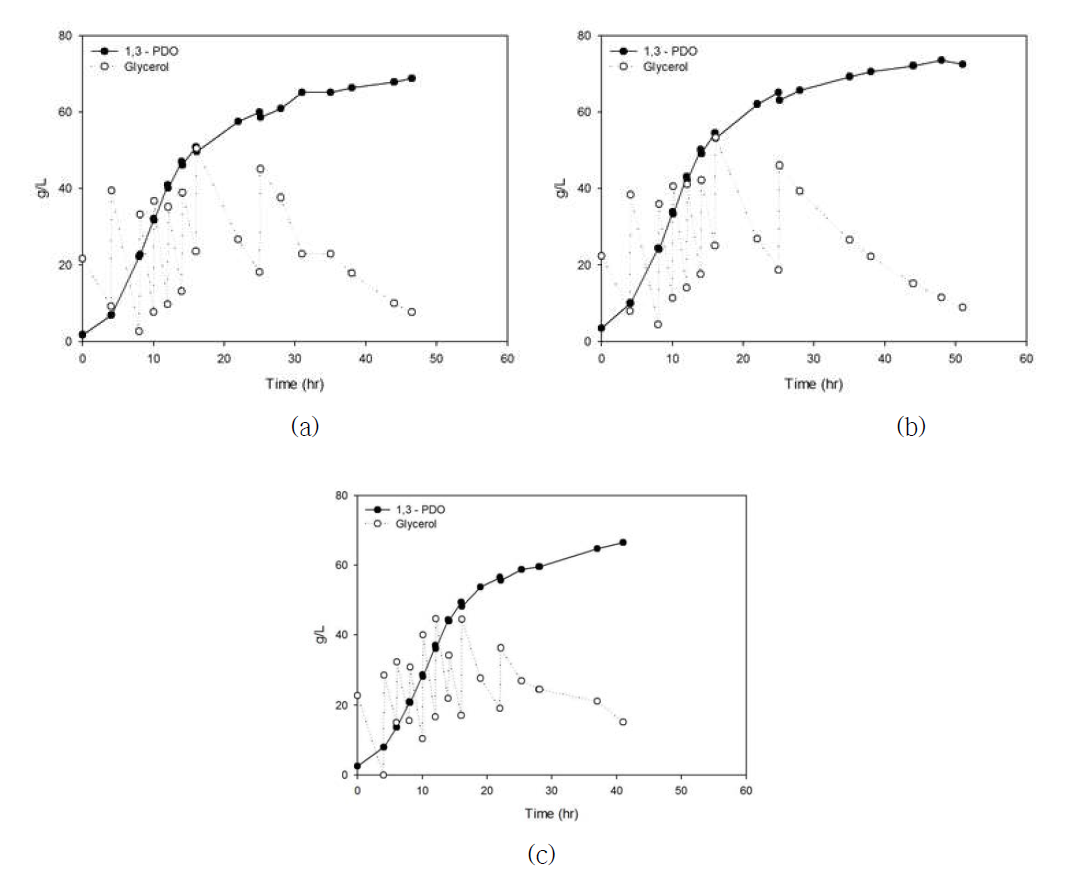 접종량 및 5L 발효기 접종에 따른 50L에서의 1,3-PDO발효 결과 (a) : 10%, (b) : 20%, (C) : 발효기 접종