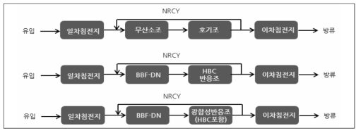 비교공정의 처리계통도(a. MLE공정, b.생물여과+HBC 공정, c. 생물여과+광합성반응조(HBC포함))