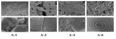 첨가물 종류에 따른 발열소재 SEM 분석 결과. Heat treatment: 900 ℃, binder: lignin 10 %, materials: F-2, A-1, A-2, A-4, A-5, A-6, gas: N2