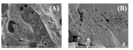 1%K/A.C 활성탄 흡착소재 열처리 가스별 SEM 분석. 배율: 10,000 배 (A: 1%K/A.C (Air), B: 1%K/A.C(N2))